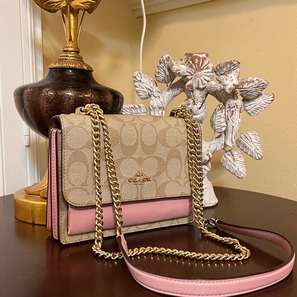 Coach Pink and Tan Crossbody Bag with Gold Chain
